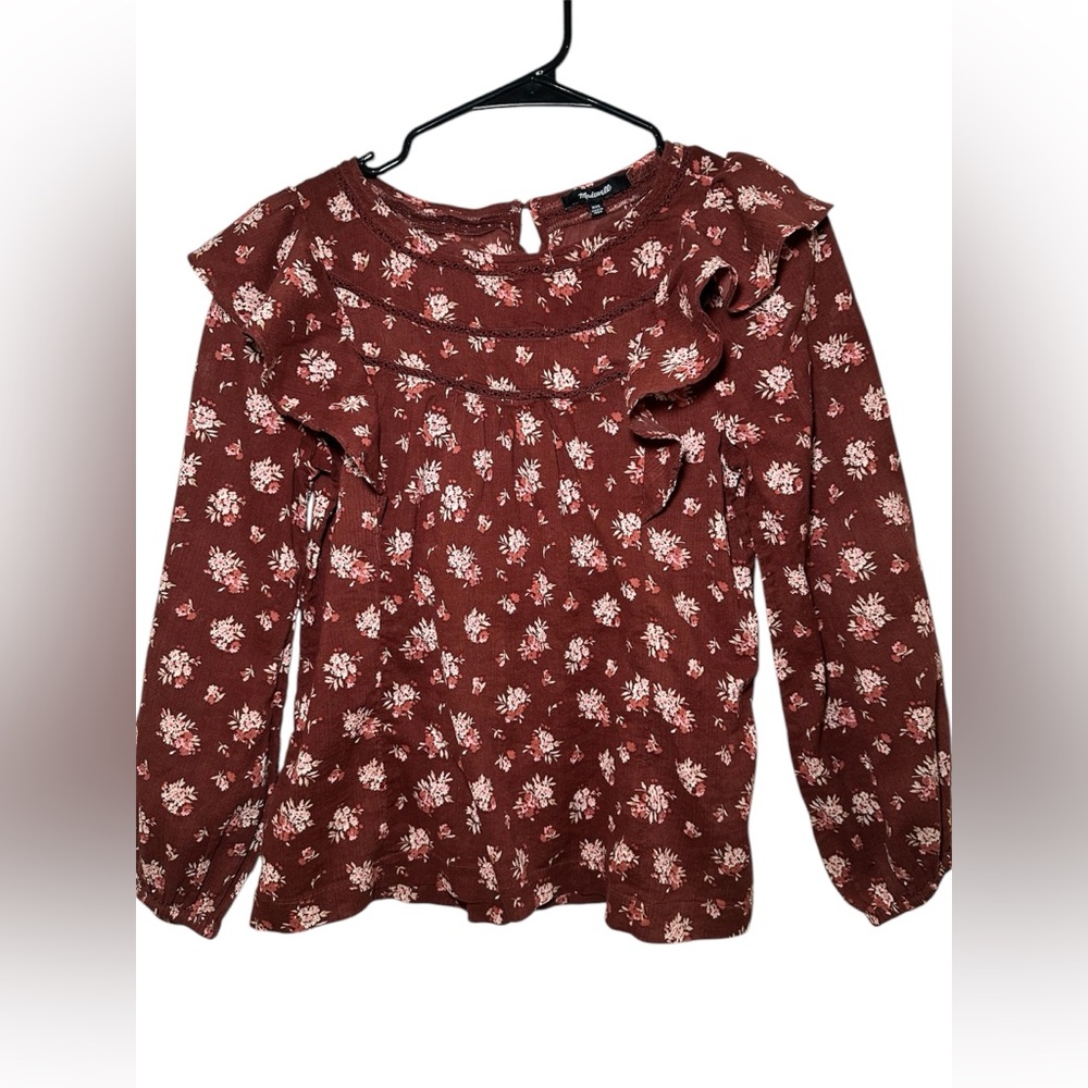 Madewell Red Ruffled Long Sleeve Bib Collar Blouse